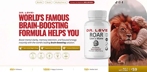 Roar Lions Mane Brain Support Supplement Landing Page Design